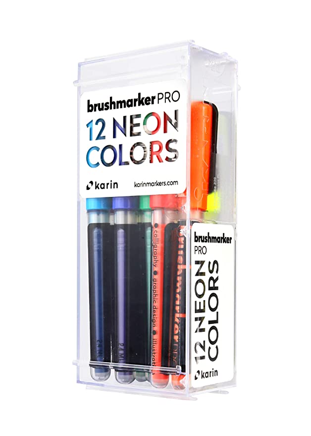 Karin Neon Colours – 12 Brush Markers Pro with neon Colours in Transparent Body and Free Ink System, 2.4 ml Liquid Colour. No Felt-tip Marker.