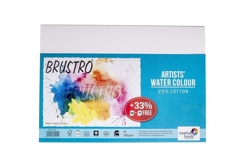 Brustro Artists Watercolour Paper 300 GSM A4-25% Cotton, Cold Pressed, Contains 18 + 6 Sheets