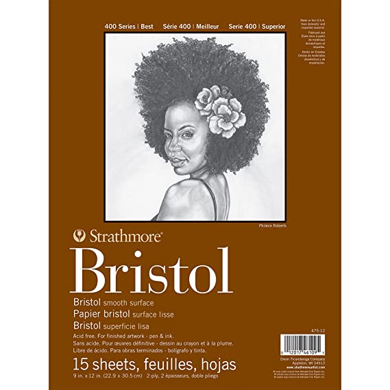 Strathmore 400 Series Bristol 9''x12'' Extra White Extra Smooth 270 GSM Paper, Long-Side Tape Bound Pad of 15 Sheets