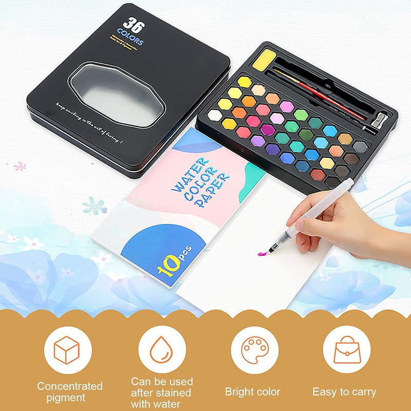 Like it Keep Smiling 36 Watercolor Paint Sets Water Color Pigment School Painting Drawing Art Supplies with Painting Brush and Sponge Tin Box Set 36