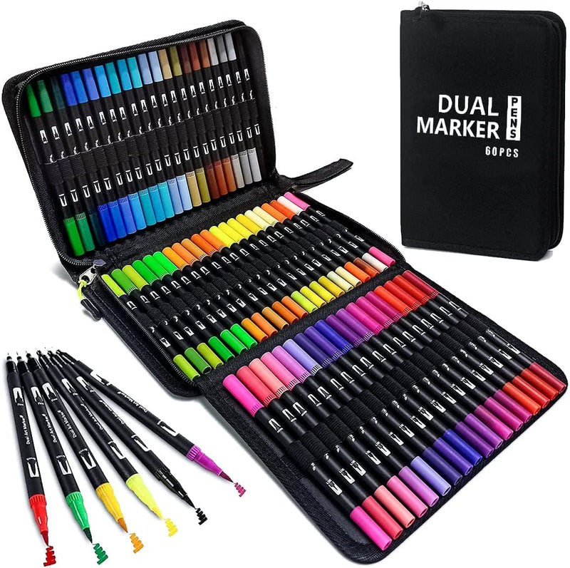 Like It Art Markers Set, Dual Tips Coloring Brush Fineliner Color Marker Pens, Water Based Marker for Calligraphy Drawing Sketching Coloring Bullet Journal - Black 60 Colors