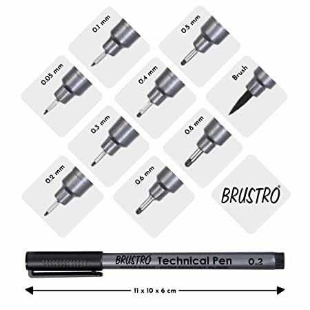 Brustro Technical Pen (Set of 9) (Includes: 1 Each of 0.05mm; 0.1mm; 0.2mm; 0.3mm; 0.4mm; 0.5mm; 0.6mm; 0.8mm & Brush.)