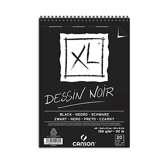 Canson XL Dessin Noir 150 GSM Smooth & Fine Grain 14.8x21cm, A5 Paper Spiral Pad(Deep Black, 20 Sheets)