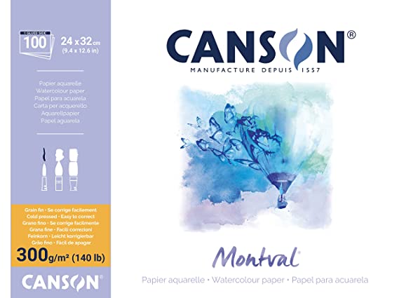 Canson Montval 24x32cm Natural White Cold Pressed 300 GSM Watercolour Paper, Long Side Glued (Pad of 100 Sheets)