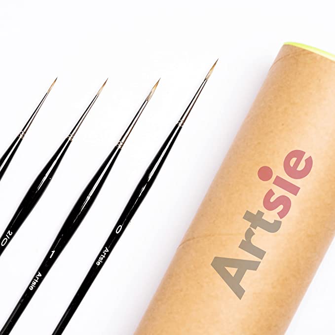 ARTSIE Standard Size Short Liner/Detailing Paint Brush Set with Brush Holder for Professional Artist Miniature Premium Handmade Paintbrush Set for Acrylic, Watercolor & Gouache Painting Set of 4