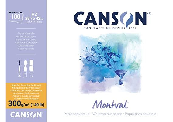 Canson Montval 29.7x42cm; A3 Natural White Cold Pressed 300 GSM Watercolour Paper, Long Side Glued (Pad of 100 Sheets)