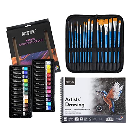 Brustro Artists Gouache Colour Set of 24 (12ML Tubes Each) + Synthetic Brush Set of 15 + Drawing Pad 200 GSM Wiro Bound.