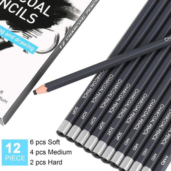 Worison Charcoal Pencils Drawing Set - 12 Pieces Soft Medium and Hard Charcoal Pencils