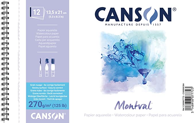 Canson Montval Watercolour 270 GSM Snowy Grain 13.5 x 21 cm Paper Spiral Pad (White, 12 Sheets)