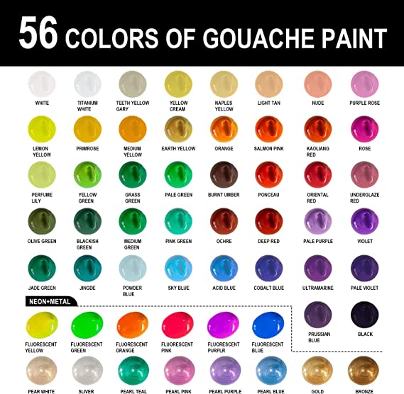 HIMI Gouache Paint Set, 56 Colors x 30ml Include 8 Metallic and 6 Neon Colors (Black Box)