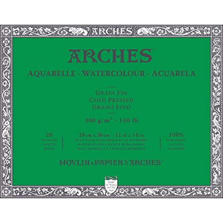 Arches Watercolour- Aquarelle - 28 cm x 36 cm Natural White Rough Grain 300 GSM Paper, 4 Side Glued Pad of 20 Sheets
