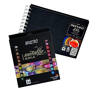 Brustro Artists Metallic Acrylic Set of 24x12ml with Fabriano Black Drawing Book A5