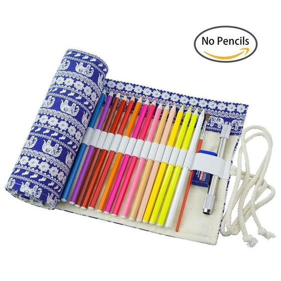 51 Slots Ethnic Elephant Print Pen Bag Canvas Pencil WRAP ROLL UP Pencil CASE Stationery