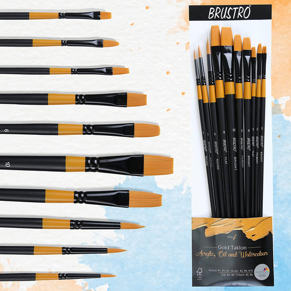 Brustro Artists Gold Taklon Set of 10 Brushes for Acrylics, Oil and Watercolour