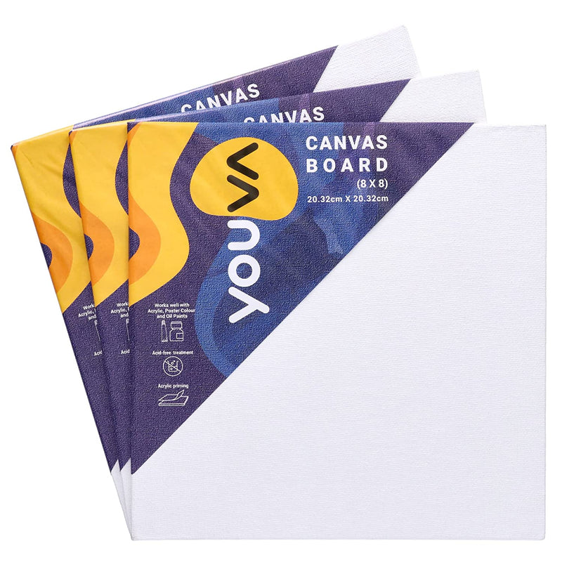 Navneet Youva Cotton White Blank Canvas Boards for Painting, Acrylic Paint, Oil Paint Dry & Wet Art Media - 8 inch x 8 inch (Pack of 3)