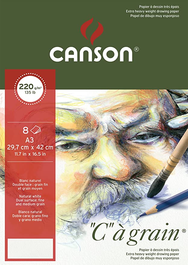Canson Fine Arts Folder 29.7x42 cm; A3 Natural White Cold Pressed 220 GSM 'C a Grain' Drawing Paper (8 Sheets)