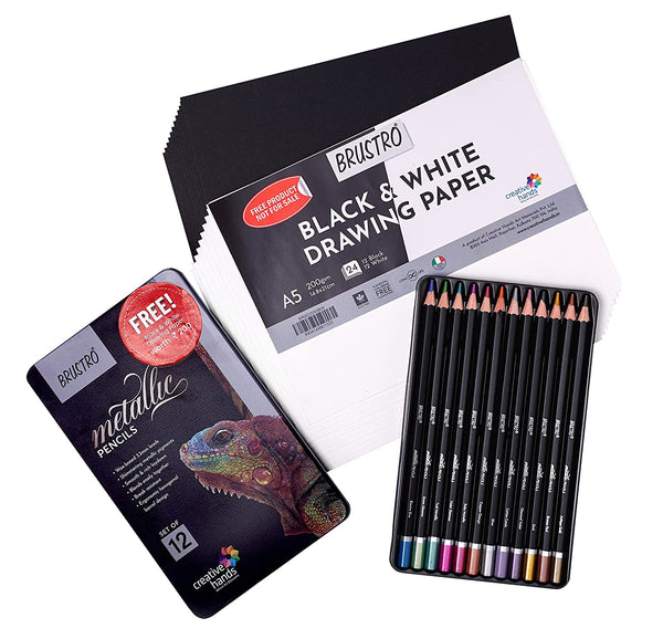 Brustro Artist Metallic Colour Pencil Set of 12 Free Black & White Drawing Paper 200 gsm, 24 Sheets Size A5