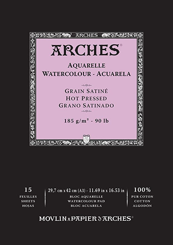 Arches Watercolour 185 GSM Hot Pressed Natural White,  29.7 cm x 42 cm A3 Paper Pad, 15 Sheets