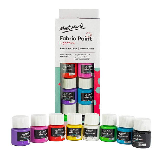 Mont Marte Fabric Paint Set - 8 Pieces x 20ml - Permanent Textile Paints Colors, White, Black, Yellow, Green, Pink, Blue, Red, Purple