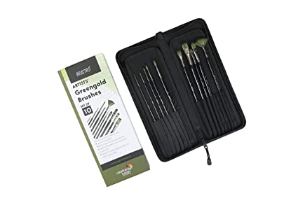 Brustro Artists Greengold Acrylic Brushes Assorted Set of 10. (Comes in an Elegant Black Zippered Wallet)