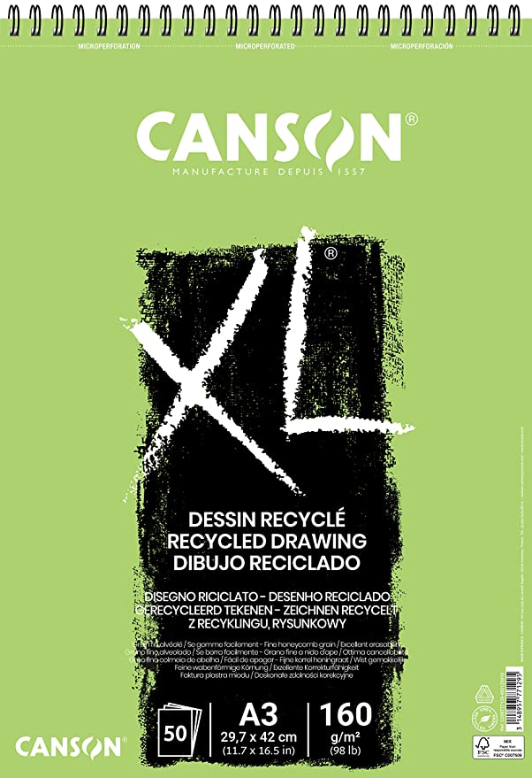 Canson XL Recycled 160 GSM Fine Honeycomb Grain 29.7x42cm, A3 Paper Spiral Pad(White, 50 Sheets)