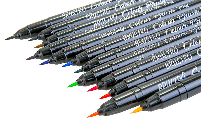 BRUSTRO Colour Brush Pens Set of 12 (Pigment Based, Hard tip Brush Pen) Flexible tip for Lettering and Drawing Techniques.