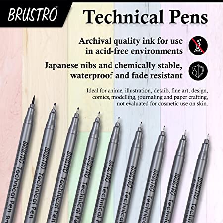 Brustro Technical Pen (Set of 9) (Includes: 1 Each of 0.05mm; 0.1mm; 0.2mm; 0.3mm; 0.4mm; 0.5mm; 0.6mm; 0.8mm & Brush.)