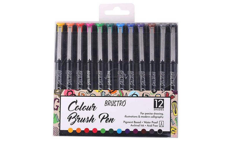 BRUSTRO Colour Brush Pens Set of 12 (Pigment Based, Hard tip Brush Pen) Flexible tip for Lettering and Drawing Techniques.