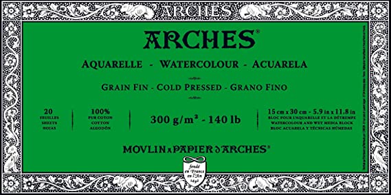 Arches Watercolour 300 GSM Cold Pressed Natural White 15 x 30 cm Paper Blocks, 20 Sheets