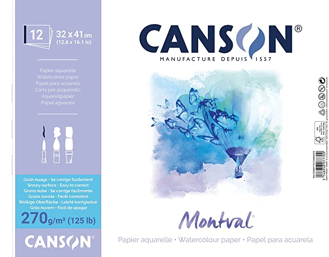 Canson Montval Watercolour 270 GSM Snowy Grain 32 x 41 cm Paper Spiral Pad (White, 12 Sheets)