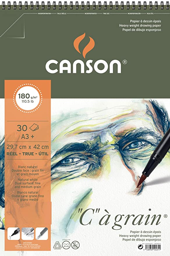 Canson C à Grain Drawing 180 GSM Fine Grain 29.7 x 43.7 cm Paper Spiral Pad(Natural White, 30 Sheets)