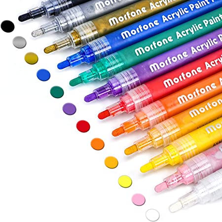 Morfone Acrylic Paint Marker Pens, Morfone Set of 12 Colors Markers Water Based Paint Pen for Rock Painting,Canvas,Photo Album,DIY Craft,School Project,Glass,Ceramic,Wood,Metal(Medium Tip)-Multicolor