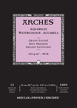 Arches Watercolour 185 GSM Hot Pressed Natural White, 21 cm x 29.7 cm A4 Paper Pad, 15 Sheets