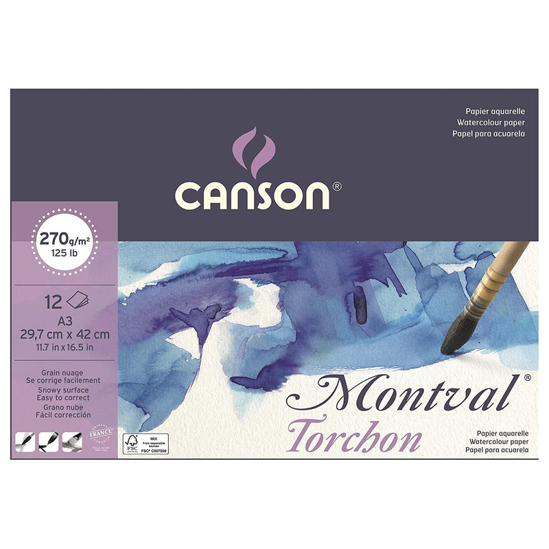 Canson Montval A3, 29.7x42cm Natural White Snowy Grain 270 GSM Watercolour Paper, Short Side Glued (Pad of 12 Sheets)
