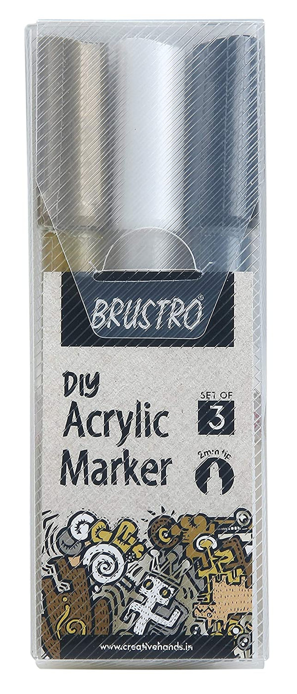 Brustro Acrylic (DIY) Marker Set of 3 - Black, White & Gold (for Craftworks, School Projects, and Other Presentations)