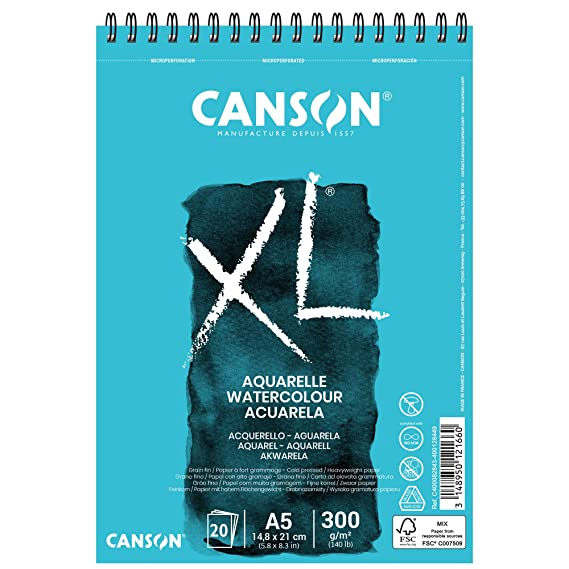 Canson XL Aquarelle 300 GSM Cold Pressed 14.8x21cm, A5 Watercolour Paper Spiral Pad(White, 20 Sheets)