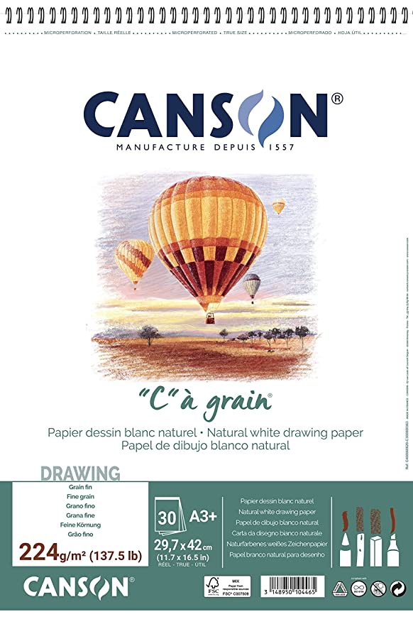 Canson C à Grain Drawing 224 GSM Fine Grain 29.7 x 43.7 cm Paper Spiral Pad(Natural White, 30 Sheets)