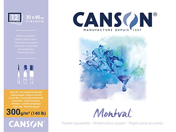 Canson Montval 30x40cm Natural White Cold Pressed 300 GSM Watercolour Paper, Glued on 4 Sides (Block of 12 Sheets)