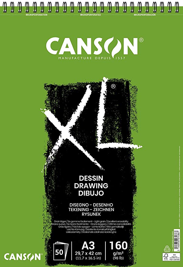 Canson XL Dessin Drawing 160 GSM Light Grain A3,29.7x42cm Paper Spiral Pad(White, 50 Sheets)