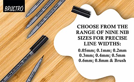 Brustro Technical Pen (Set of 9) (Includes: 1 Each of 0.05mm; 0.1mm; 0.2mm; 0.3mm; 0.4mm; 0.5mm; 0.6mm; 0.8mm & Brush.)