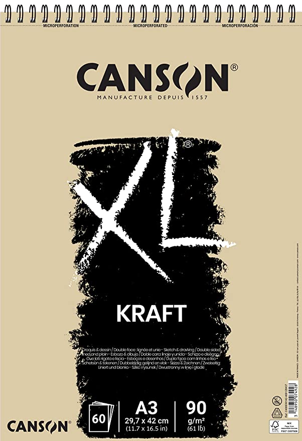 Canson XL Kraft 90 GSM Laid A3, 29.7x42cm Paper Spiral Pad(White, 60 Sheets)