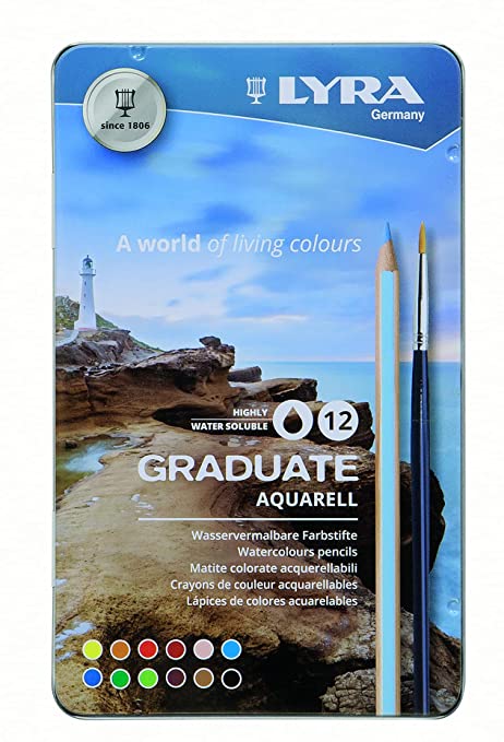 Lyra Graduate Aquarell Watercolour Art Pencil Set with Paintbrush & Metal Case (Assorted, Pack of 12)