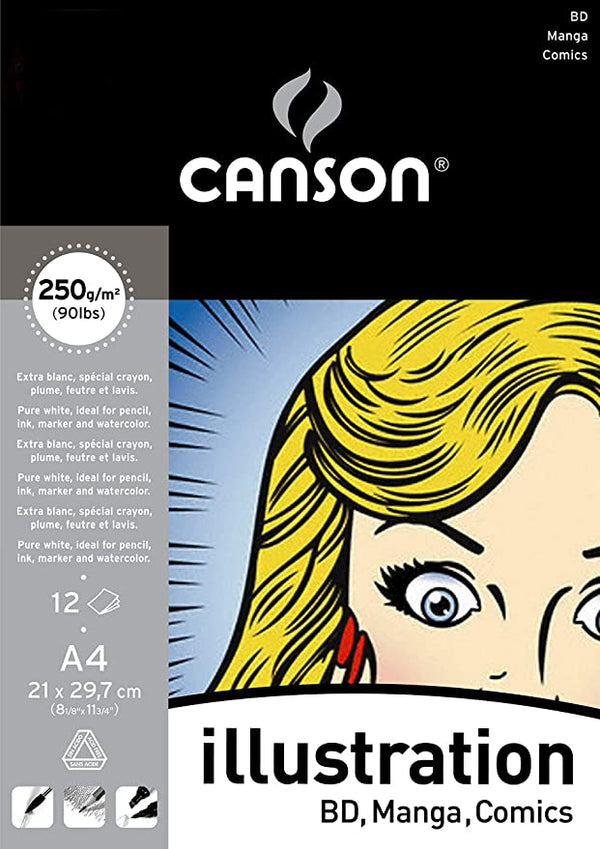 Canson Illustration 250 GSM Smooth Texture 21 x 29.7 cm, A4 Drawing Paper Pad (White, 12 Sheets)
