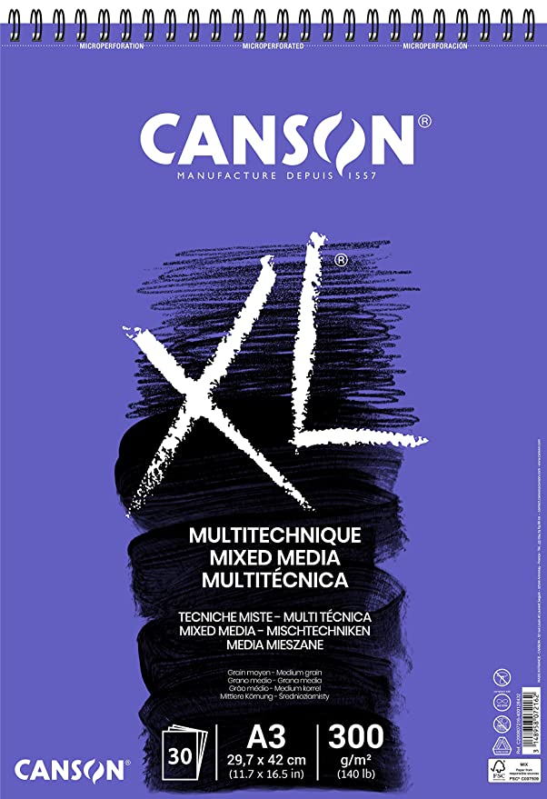 Canson XL Mix-Media 300 GSM Medium Grain 29.7x42cm, A3 Paper Spiral Pad(White, 30 Sheets)