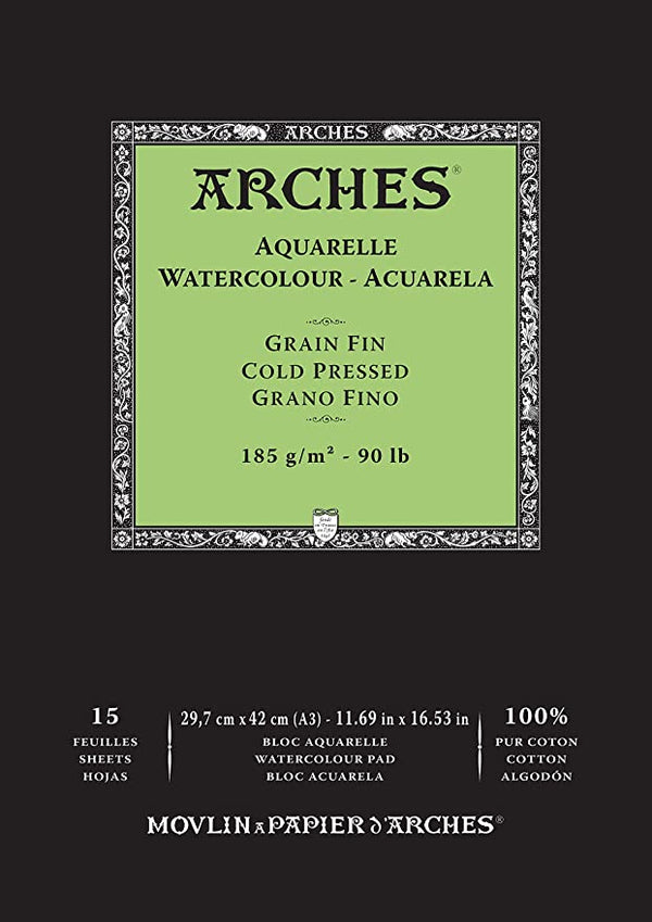 Arches Watercolour 185 GSM Cold Pressed Natural White, 29.7 cm x 42 cm A3 Paper Pad, 15 Sheets