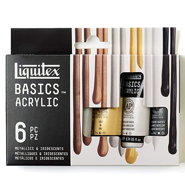 Liquitex BASICS 6 Tube Acrylic Paint Set, 22ml, Metallics & Iridescent