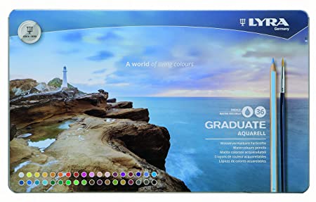 LYRA GERMANY Graduate Aquarell Watercolour Art Pencil Set with Paintbrush & Metal Case (Assorted, Pack of 36)