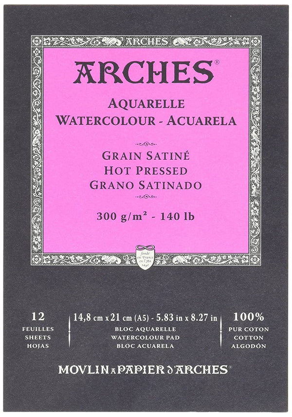 ARCHES Watercolour Hot Pressed Pad WHNA 12 Sheet Pad GSM 300, Size 14.8 cm x 21 cm
