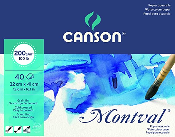 Canson Montval 32x41cm Natural White Cold Pressed 200 GSM Watercolour Paper, Long Side Glued (Pad of 40 Sheets)