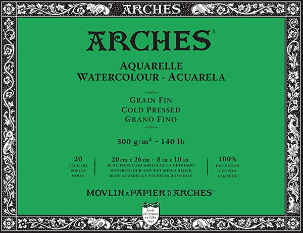 Arches Watercolour 300 GSM Cold Pressed Natural White 20 x 26 cm Paper Blocks, 20 Sheets
